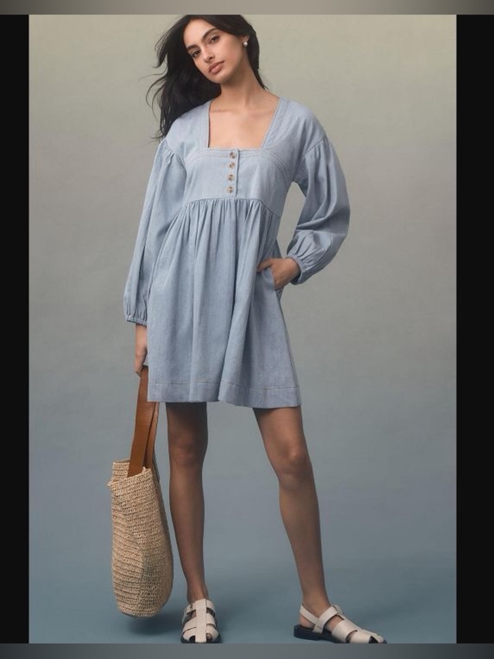 Anthropologie Long Sleeve Square Neck Denim Babydoll Mini Dress